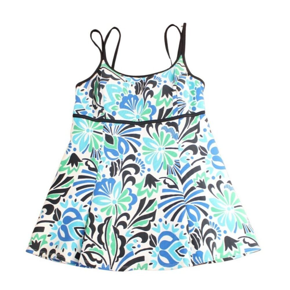 Longitude Blue Floral Empire Princess Seam Swimdress Pleated Swimsuit Size 12